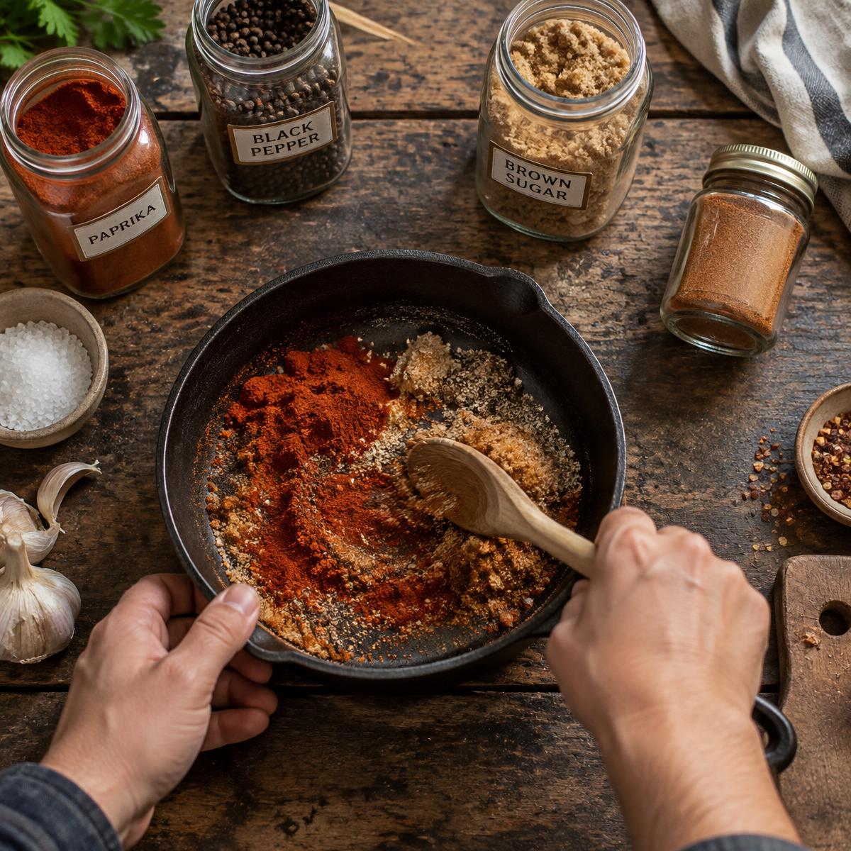 Hands mixing paprika, black pepper and brown sugar in a cast iron skillet on a wood table